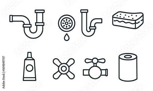 Kitchen Leak Repair Icons. Outline icon set of kitchen leak repairs: sink trap, leaking drain, under-sink pipe