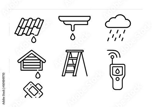 Roof Leak Icon Set. Outline icon set of roof and ceiling leaks: roof tiles, gutter crack, ceiling drop icon,