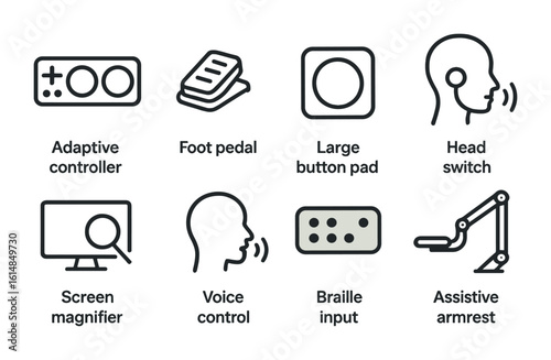 Accessibility Gaming Icons. Outline icon set of accessibility gaming devices: adaptive controller, foot pedal,
