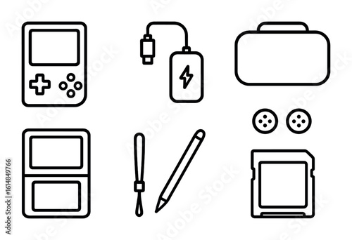 Handheld Gaming Gear Icons. Outline icon set of handheld gaming gear: retro console, portable charger, travel