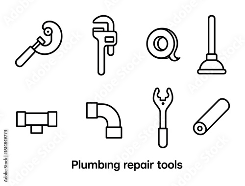 Plumbing Tools Icons. Outline icon set of plumbing repair tools: pipe cutter, pipe wrench, thread seal tape,