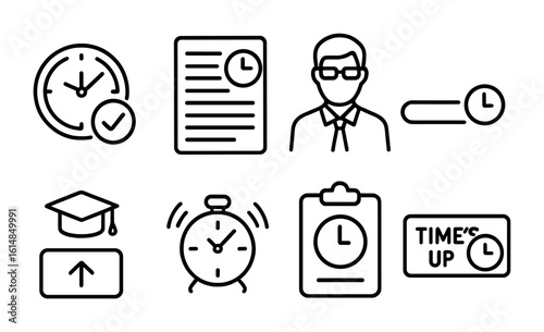 Exam Timer Icons. Outline icon set of exam and testing timers: exam timer, answer sheet with clock, proctor