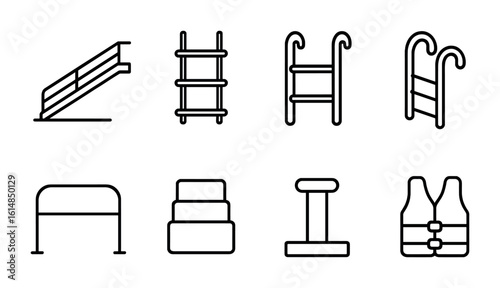 Marine Vessel Ladder Icons. Outline icon set of marine vessel ladders: gangway ladder, rope boarding ladder,