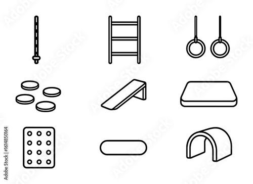 Kids' Gym Icon Set. Outline icon set of kids’ gym features: climbing rope, mini ladder, gym rings, agility