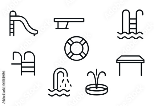 Poolside Equipment Icons. Outline icon set of poolside equipment: pool slide, diving board, pool ladder, life