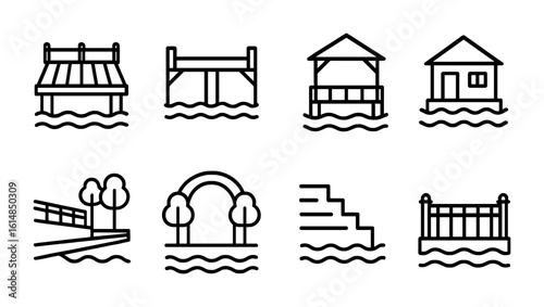 Waterfront Architecture Icons. Outline icon set of waterfront architecture: boardwalk, pier structure,