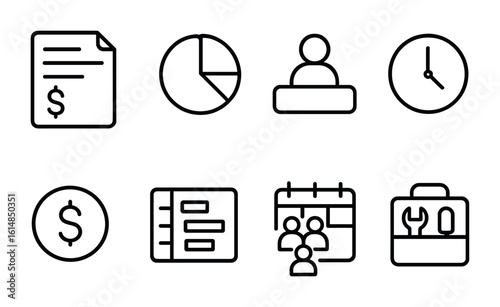 Resource Allocation Icons. Outline icon set of resource allocation: budget sheet, resource pie, employee slot,