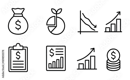 Financial Strategy Icons. Outline icon set of financial strategy: money bag, investment pie, expense graph,