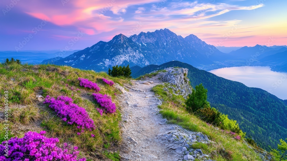 Fototapeta premium Aurora lights casting hues over a rugged mountain trail, appealing to adventurers,