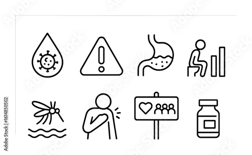 Waterborne Diseases Icons. Outline icon set of waterborne diseases awareness: contaminated droplet, warning