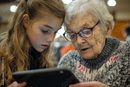 Grandmother and granddaughter interacting with a tablet, with the younger generation teaching the senior to use technology, fostering an intergenerational connection, Generative AI