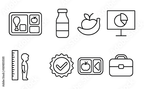 Child Nutrition Icons. Outline icon set of child nutrition programs: school lunch tray, milk bottle, fruit