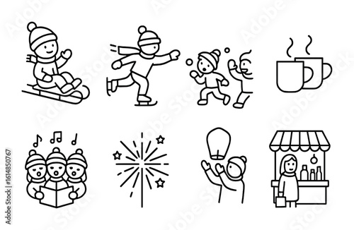 Festive Outdoor Icons. Outline icon set of festive outdoor activities: sledding, skating, snowball fight, hot