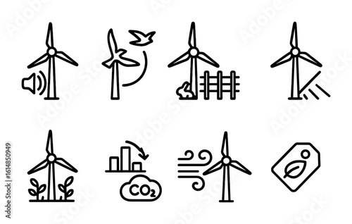 Wind Turbine Impact Icons. Outline icon set of wind turbine environmental impact: noise icon, bird flight path
