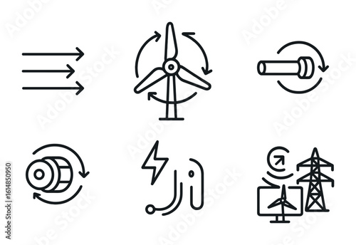 Wind Turbine Icon Set. Outline icon set of energy flow in wind turbines: airflow direction, blade rotation,