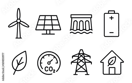 Renewable Energy Icons. Outline icon set of renewable energy symbols: wind turbine, solar panel, hydro dam,