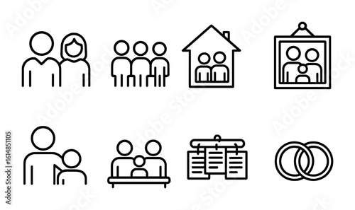 Blended Family Icons. Outline icon set of blended families and remarriage: step-parent icon, new siblings,