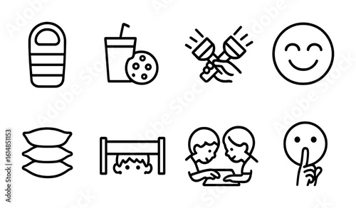 Sleepover Icon Set. Outline icon set of sleepover adventures: sleeping bag, midnight snack, shared flashlight,