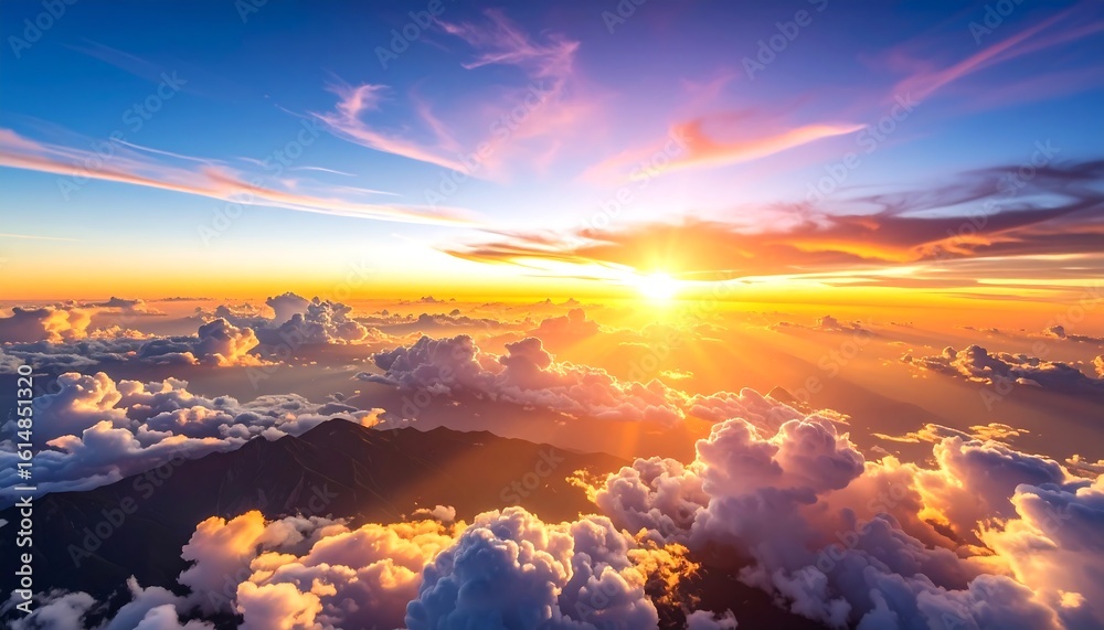 Fototapeta premium Sunrise over cloudscape. Vast, colorful sunrise view from above clouds