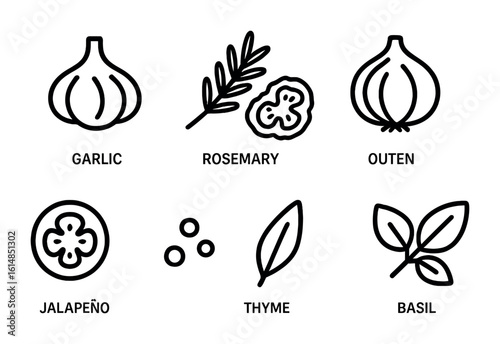 Infused Bread Icons. Outline icon set of infused bread flavors: garlic bulb, rosemary sprig, sun-dried tomato,