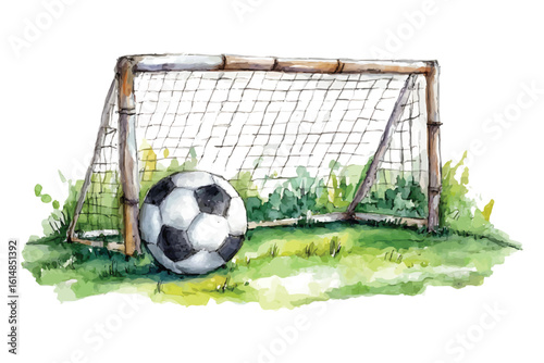 Watercolor soccer ball and goalpost on grassy field with green foliage football