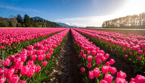 Rows of vibrant pink tulips stretch to a sunlit horizon under a clear sky
