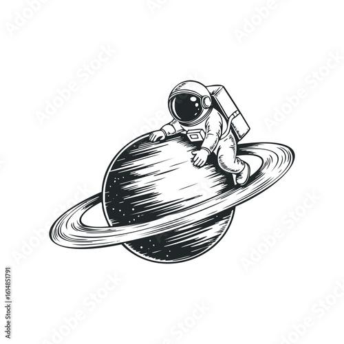 Astronaut Riding Ringed Planet in Space Exploration Sketch. Hand drawn vector illustration