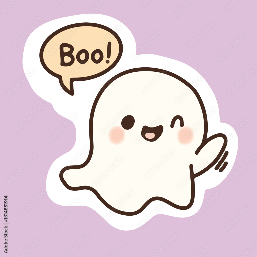 Fototapeta premium Cute Kawaii Ghost Saying Boo. Halloween Sticker Illustration