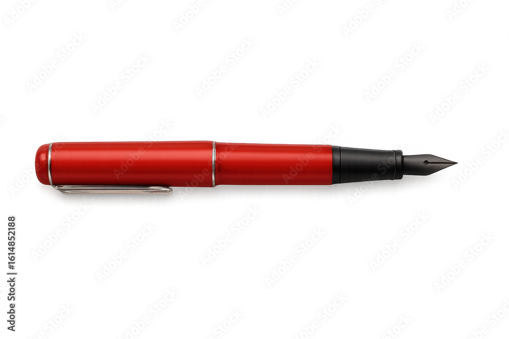 Sleek red and black fountain pen lying gracefully on transparent surface, embodying refined writing instrument design Sleek red and black fountain pen lying gracefully on transparent surface, embodying refined writing instrument design