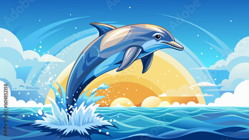 The dolphin jumping out of water, bottlenose arcs gracefully against a soft blue sky. Semi-realistic detail reveals smooth skin, lively eyes, and the playful spirit of this majestic marine moment.