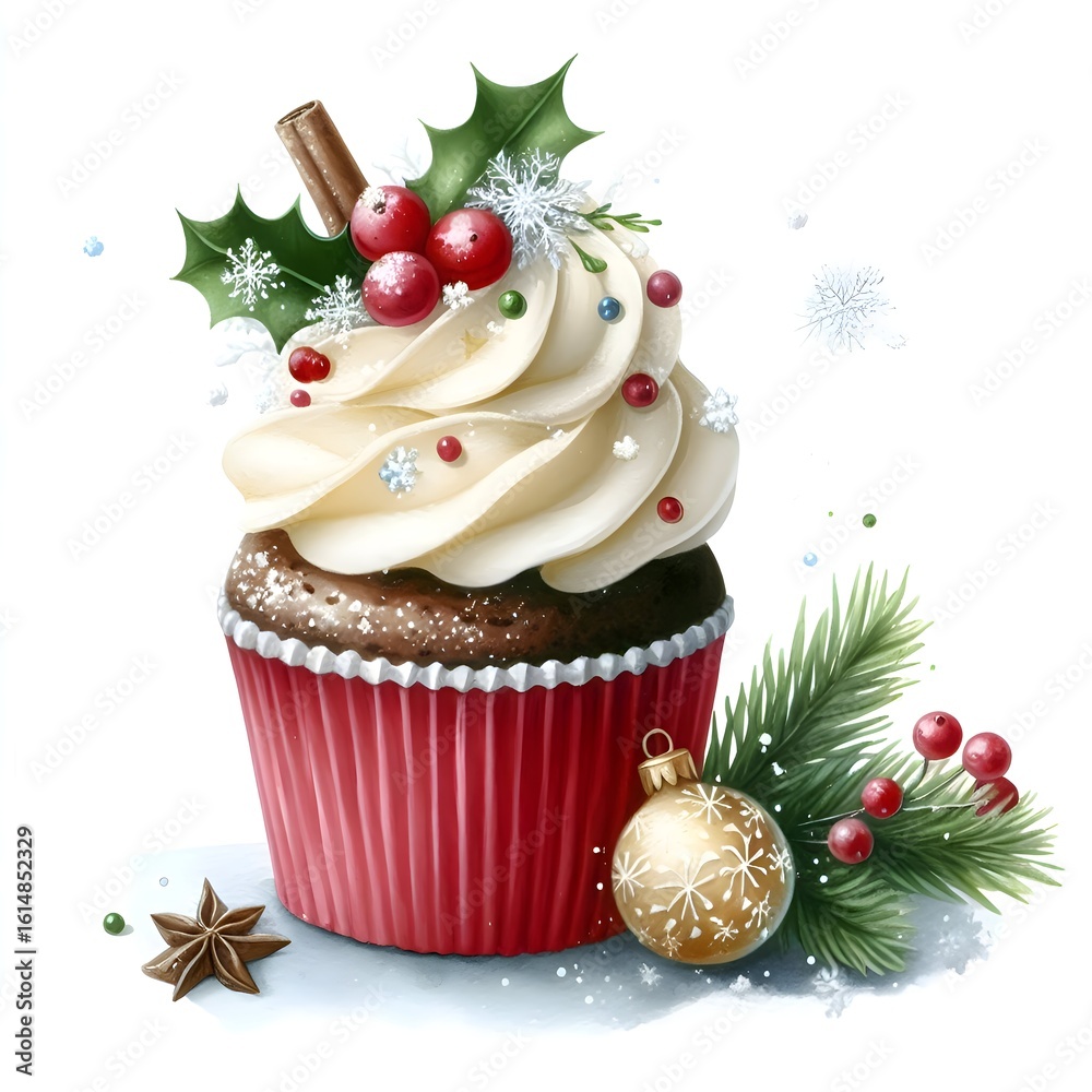 Delicious Christmas Cupcake with Red Berries and Cinnamon Delicious Christmas Cupcake with Red Berries and Cinnamon