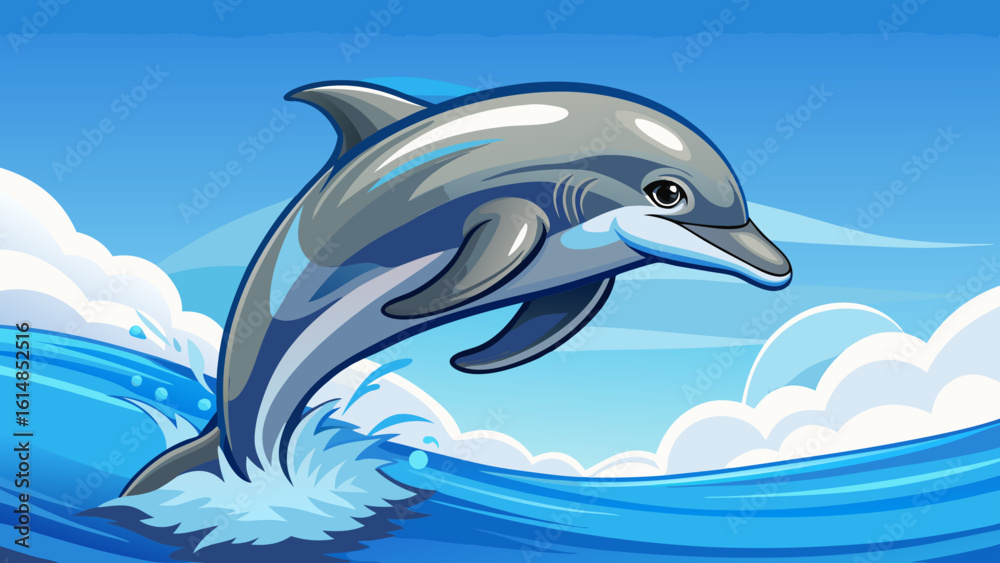 Obraz premium The dolphin jumping out of water, bottlenose arcs gracefully against a soft blue sky. Semi-realistic detail reveals smooth skin, lively eyes, and the playful spirit of this majestic marine moment.