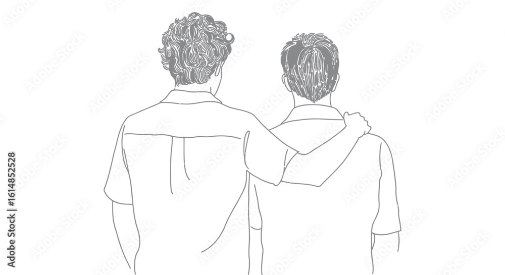Fototapeta premium Minimalist back view of two people in embrace, symbolizing empathy, support, friendship, togetherness and emotional connection in line art
