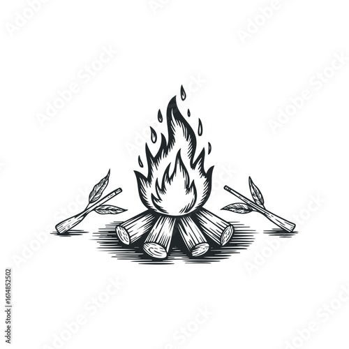 Simple Monochrome Sketch of a Burning Campfire with Wooden Kindling. Hand drawn vector illustration