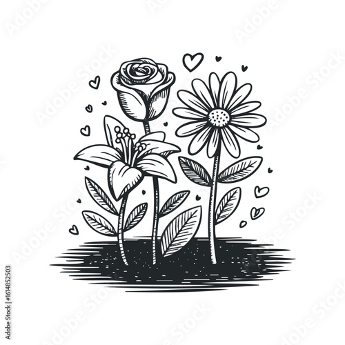 Whimsical Flowers Arrangement with Rose, Lily, and Daisy in Graphic Black and White Style. Hand drawn vector illustration