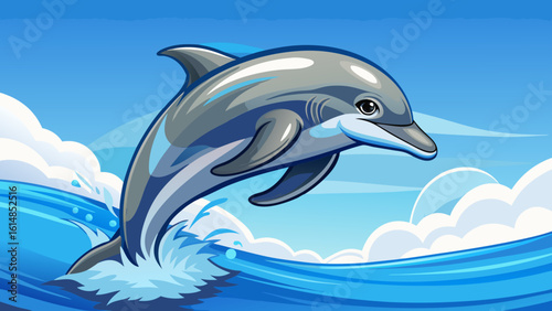 The dolphin jumping out of water, bottlenose arcs gracefully against a soft blue sky. Semi-realistic detail reveals smooth skin, lively eyes, and the playful spirit of this majestic marine moment.