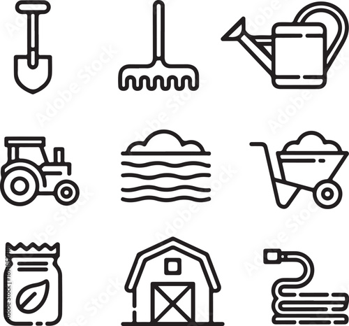 Thin-Line Agriculture Icons Set   Farming Tools, Crops, Tractor, and Soil Cultivation Vector Collection