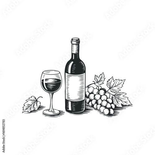 Classic Etching of Wine Bottle, Full Glass and Bunch of Grapes. Hand drawn vector illustration