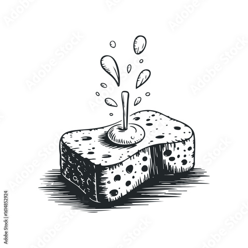 Sponge absorbing liquid in a black and white sketch style. Hand drawn vector illustration