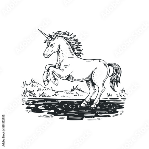 Unicorn Posing in Water with Grassy Surroundings in Woodcut Style. Hand drawn vector illustration