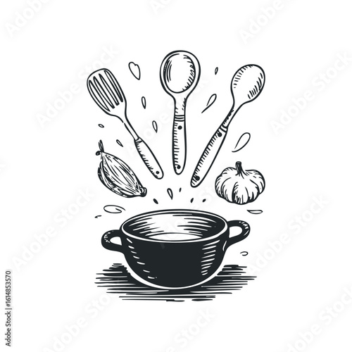 Sketch illustration of cooking tools and ingredients with empty bowl. Hand drawn vector illustration