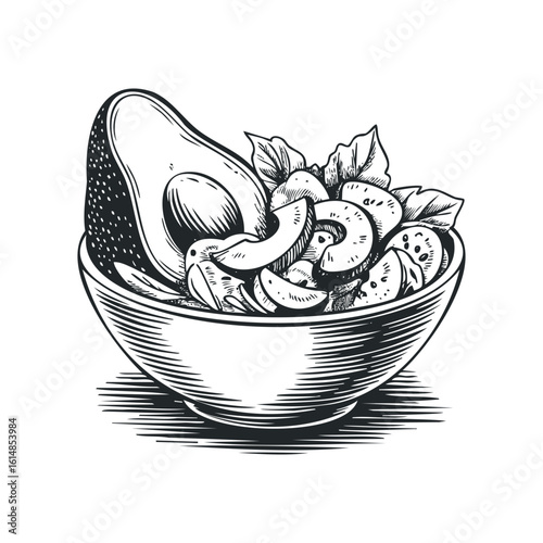 Avocado Salad in Bowl with Leafy Greens Graphic Style. Hand drawn vector illustration