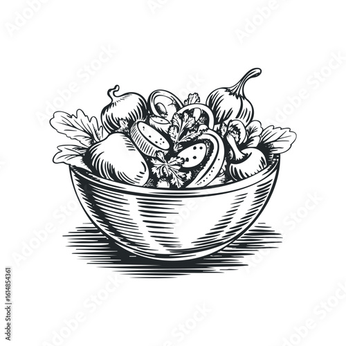 Bowl filled with fresh vegetables, sketched illustration for culinary concepts. Hand drawn vector illustration
