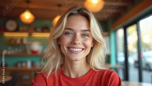 Young woman with bright smile in red shirt at modern cafe. Soft natural light highlights cheerful expression. Background features vibrant, colorful interior with blurred decor, suggesting warm,