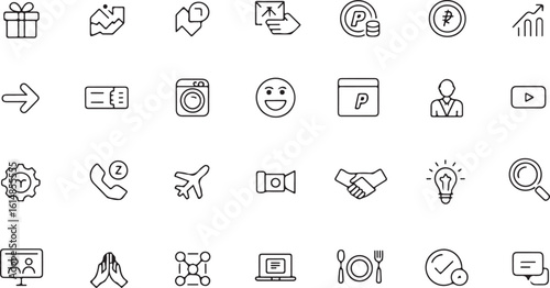 Collection of Line Icons Representing Various Themes Business Travel Food and More for Web and Mobile Design