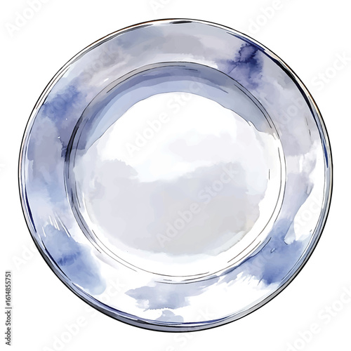 Watercolor illustration of a white dinner plate with blue watercolor accents white plate