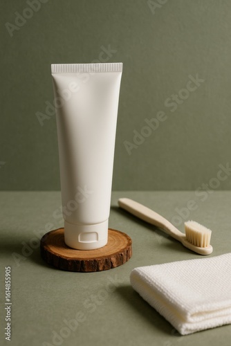A white toothpaste tube placed on a wooden coaster with a toothbrush and a small folded towel, ready for personal hygiene. The image is simple and minimalist