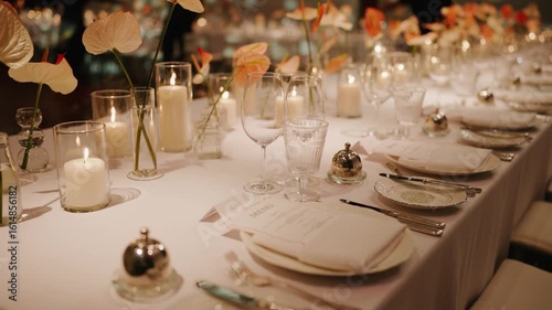 Elegant wedding reception dinner table setup with white tablecloth, glassware, candles, and orange anthurium flower arrangements in a dimly lit luxury venue.