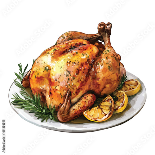 Whole roasted chicken with lemon and rosemary on a white plate watercolor vector whole chicken