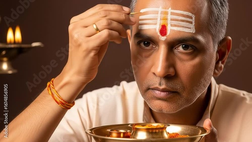 Middle Aged Man Performing Ritual with Tilak Mark on Forehead with Golden Bowl and Brass Lamp on Brown Background